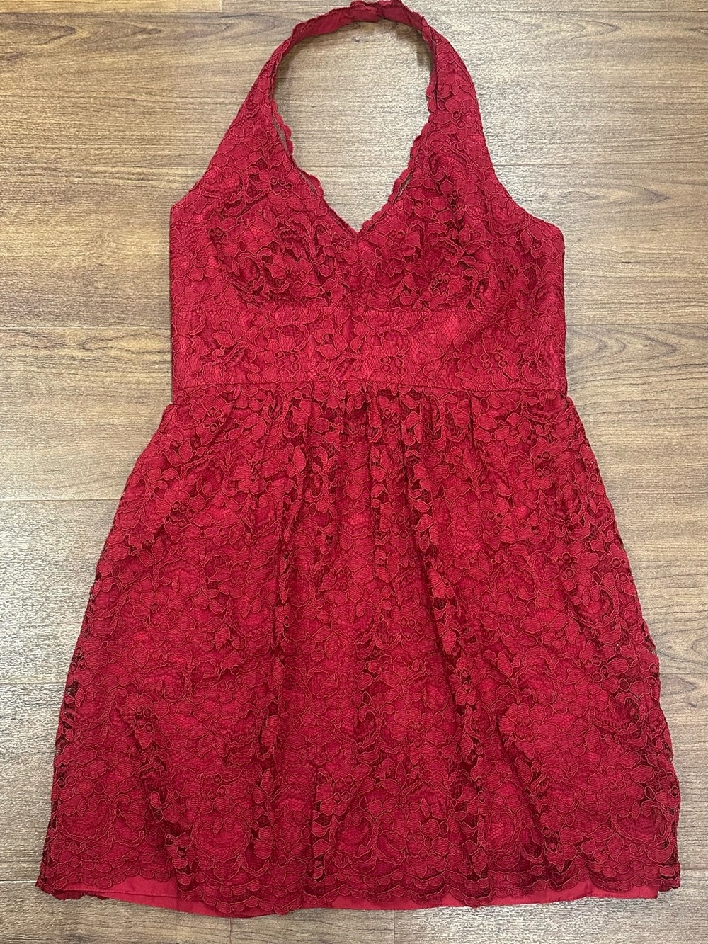 David's Bridal Red Lace Halter Dress